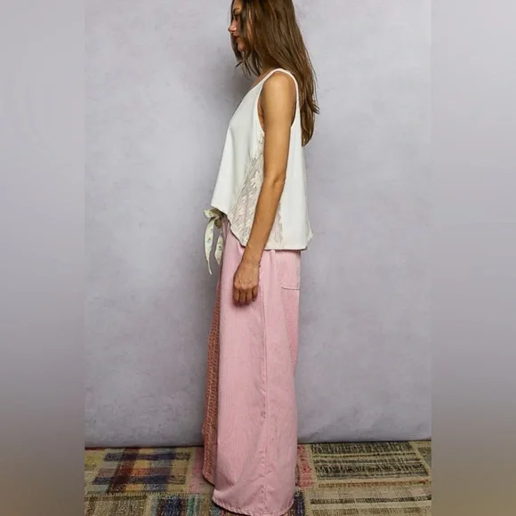 NEW Pol Double Gauze Lace Floral Trim Buckle Back Pants Drawstring Pink Stripe - Picture 10 of 12